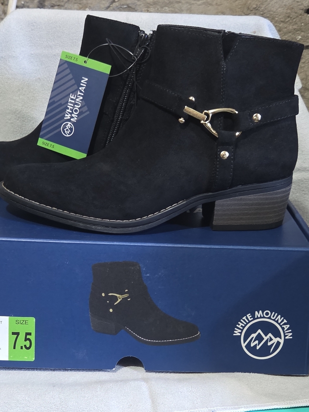 White Mountain Black Suede Ankle Booties with Gold Accent